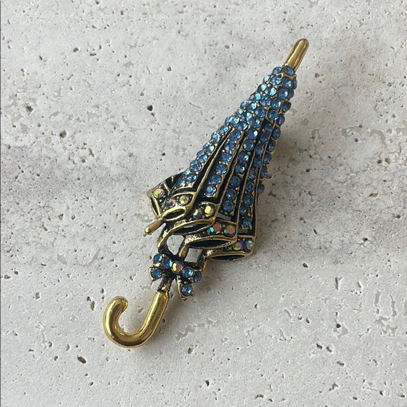 Blue and Gold Rhinestone Umbrella Brooch - Picture 1 of 2